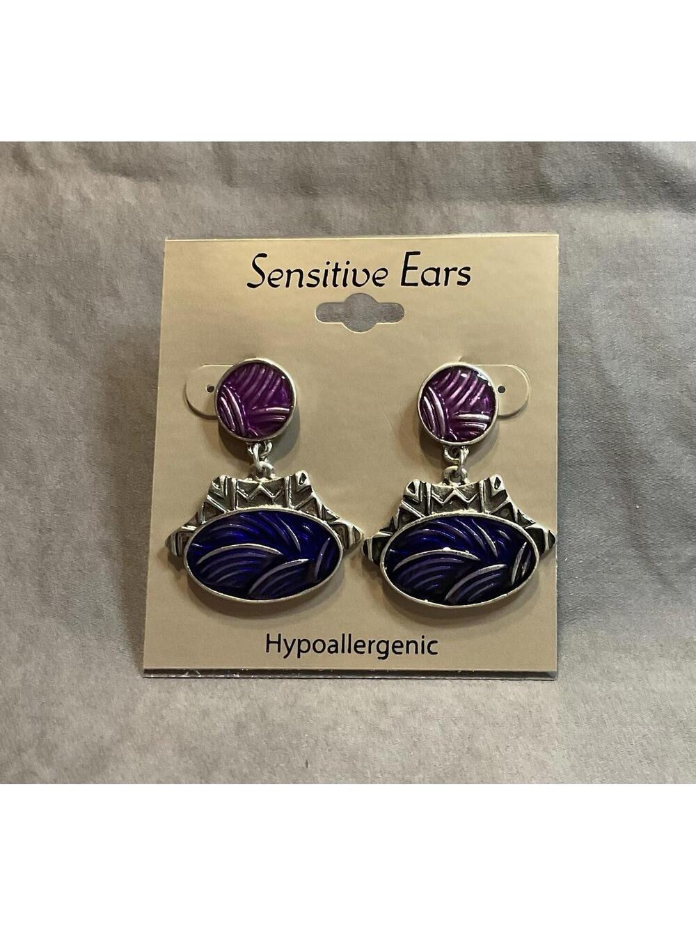 NWT Sensitive Ears Hypoallergenic Silver Tone & Purple Dangle Earrings #1439